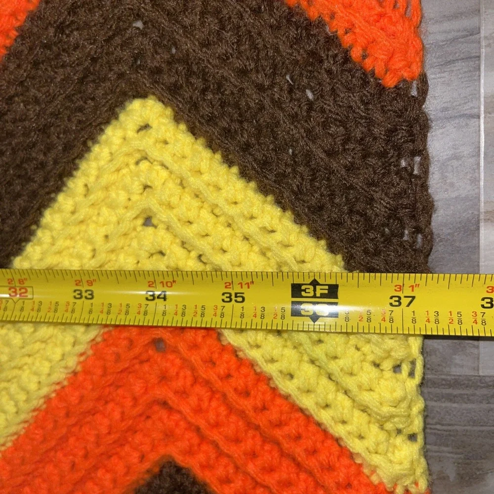 VIntage Crochet Knit Afghan Throw Blanket Chevron Zigzag MCM Fall Colors Tassels